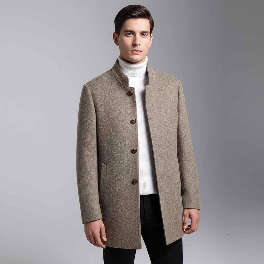 Close-up of men's handcrafted wool-cashmere blend winter coat texture, high quality fabric