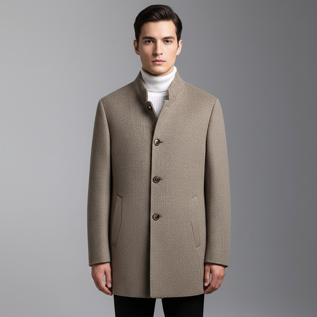 Back view of men's classic handcrafted wool-cashmere coat, showcasing tailored fit