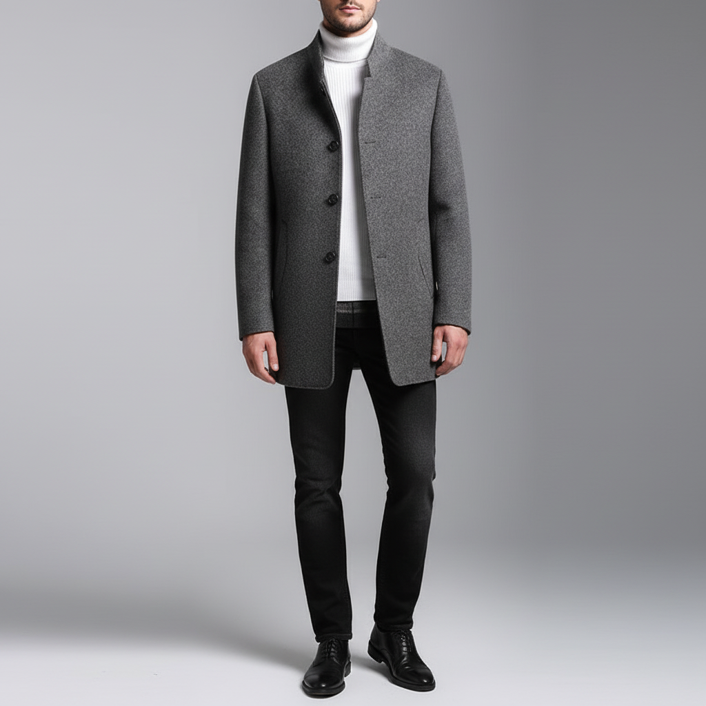 Men's luxurious wool-cashmere blend autumn winter coat with button detail, front shot