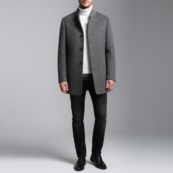 Men's luxurious wool-cashmere blend autumn winter coat with button detail, front shot