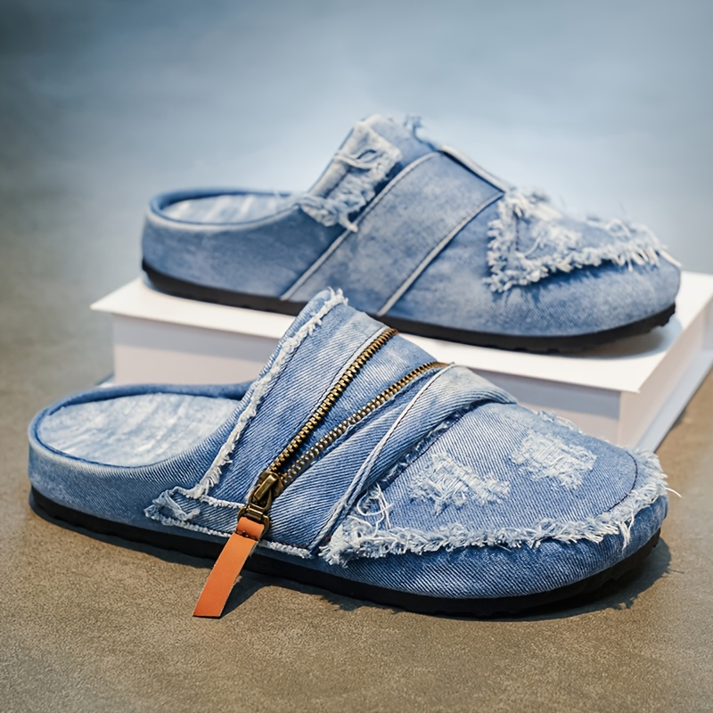 Close-up of Men's Harlow slip-on mules, highlighting the unique frayed edge and comfortable casual design.