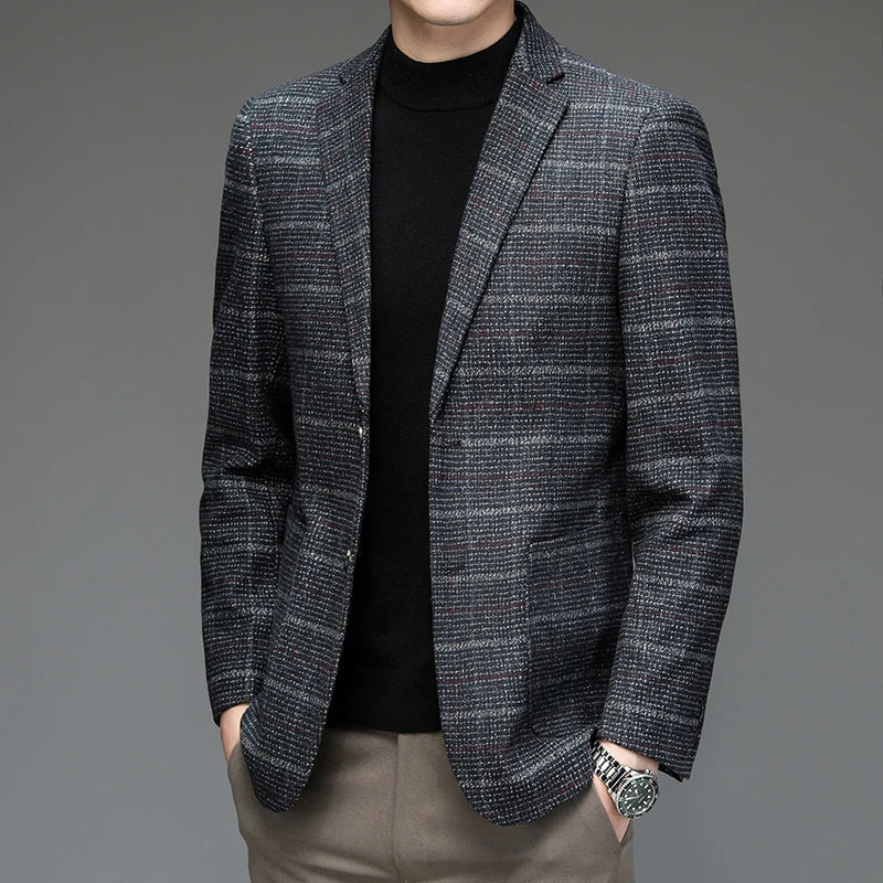 Checkered men's Harrington blazer, formal jacket with a tailored fit, ideal for business wear.