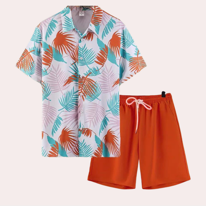 Men's Hawaiian print summer shirt and shorts set with tropical floral pattern for casual wear