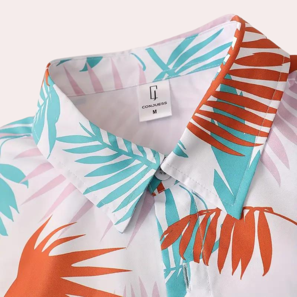 Men's loungewear set featuring Hawaiian print shorts and short-sleeve shirt, perfect for summer