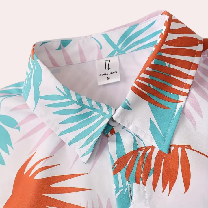Men's loungewear set featuring Hawaiian print shorts and short-sleeve shirt, perfect for summer