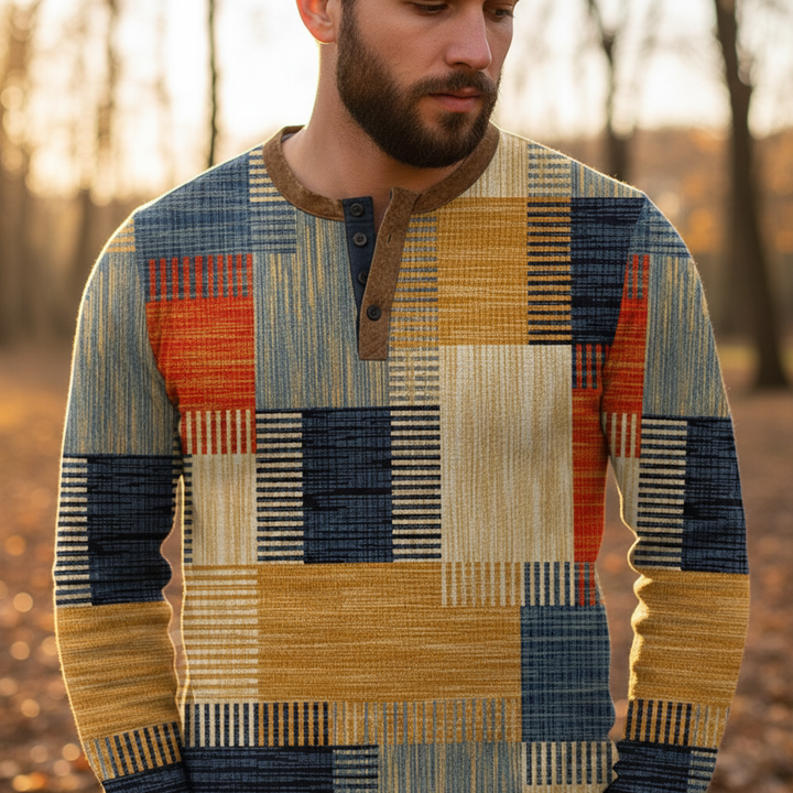 Men's heather grey long sleeve cotton knit Henley sweater, casual winter fashion comfort.