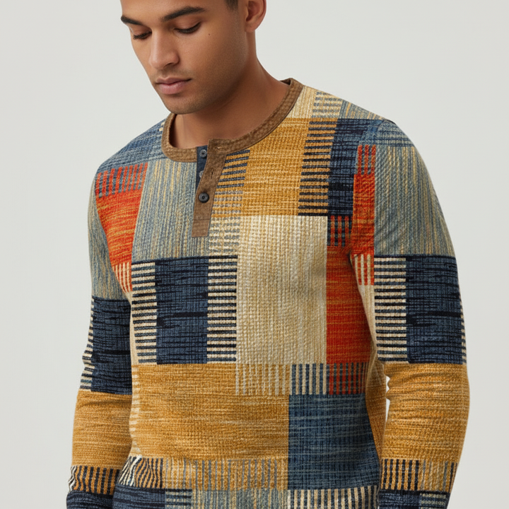 Stylish men's cream-colored long sleeve cotton knit sweater, perfect for winter fashion.
