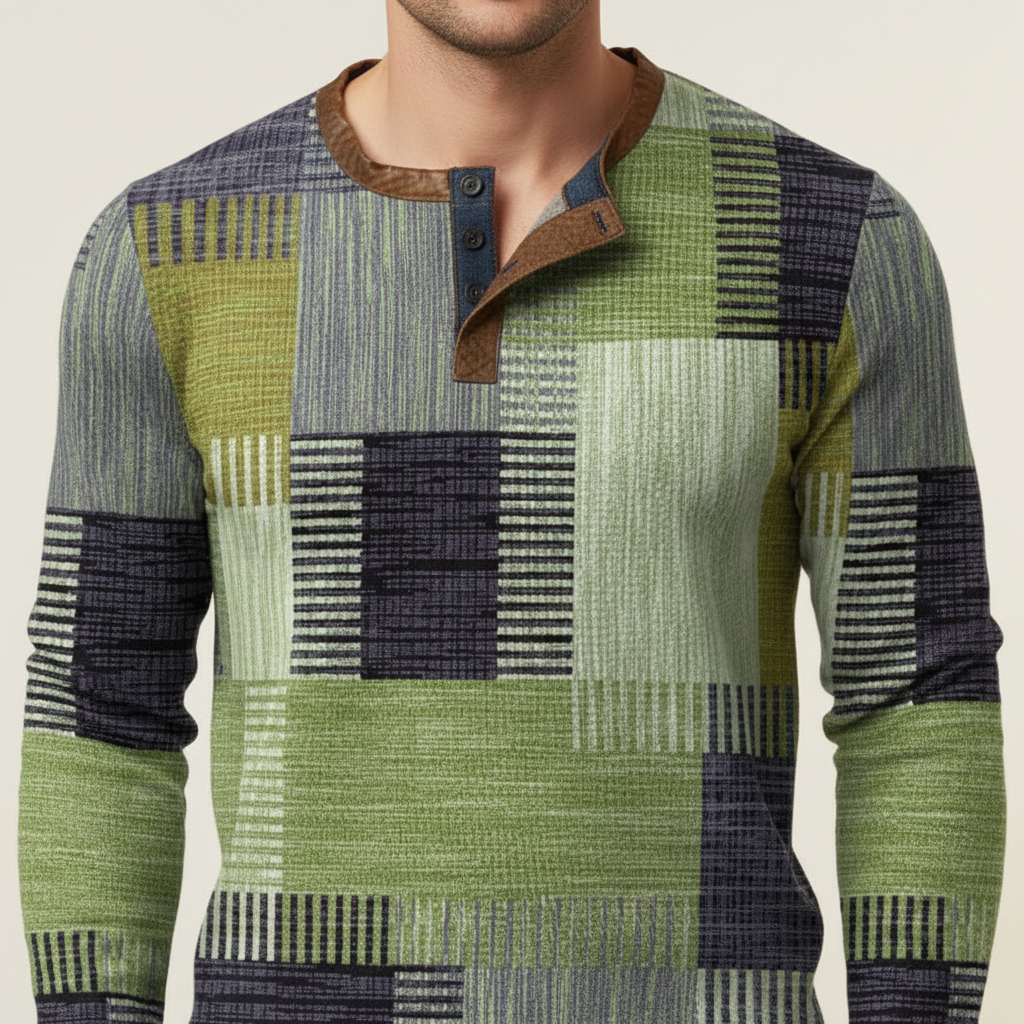 Back view of a plain men's long sleeve cotton knit sweater, focusing on comfort.