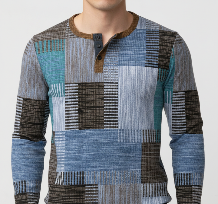 Men posing in a comfortable black long sleeve cotton knit Henley sweater, menswear style.