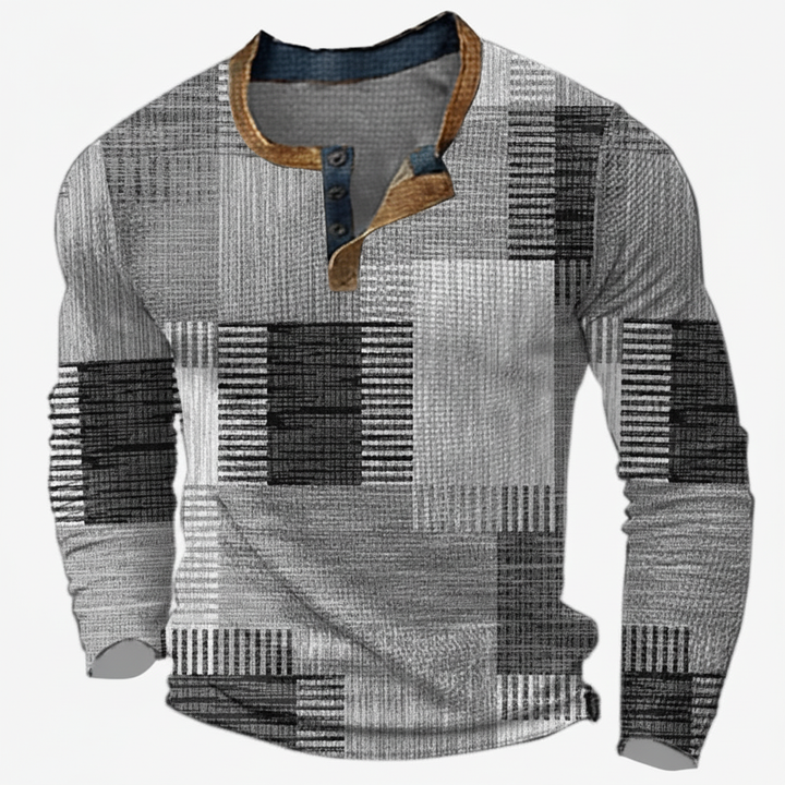 Detail of the Henley neckline on a men's long sleeve cotton knit sweater, durable knitwear.
