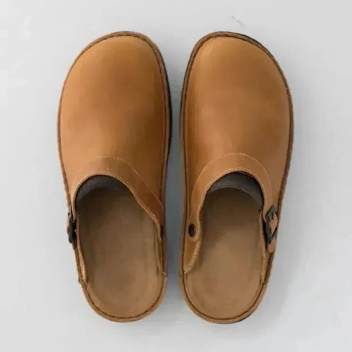 Modern men's slip-on mules with a secure heel strap, offering comfort for versatile indoor & outdoor casual wear.