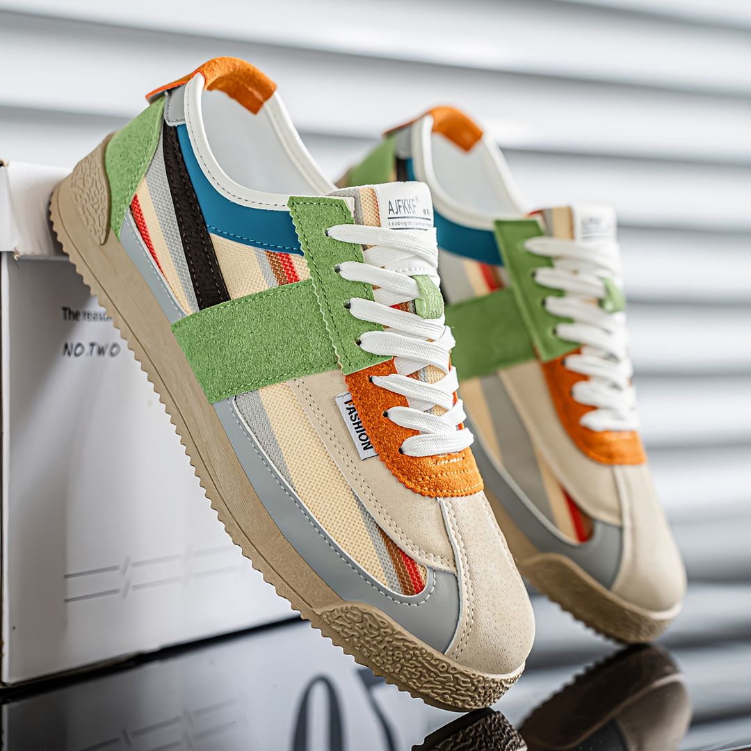 Men's Hensen retro sneakers, '80s track style, colorful athletic casual footwear.