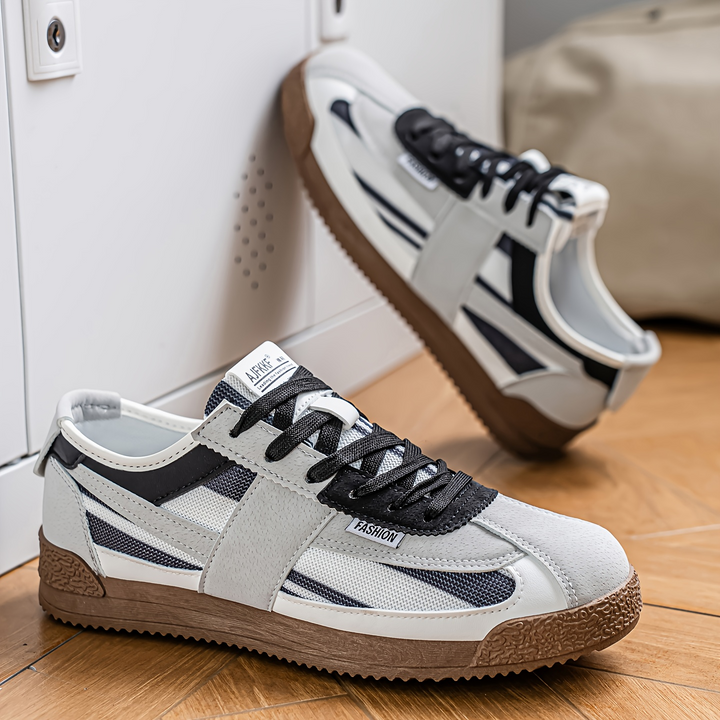 Mens Hensen retro sneakers, 80s track style, vibrant colors, vintage-inspired streetwear footwear.