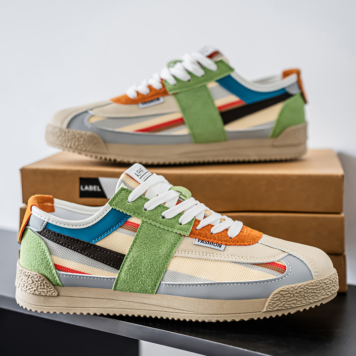 Vintage-inspired Hensen mens sneakers, 80s fashion streetwear, retro track shoes.