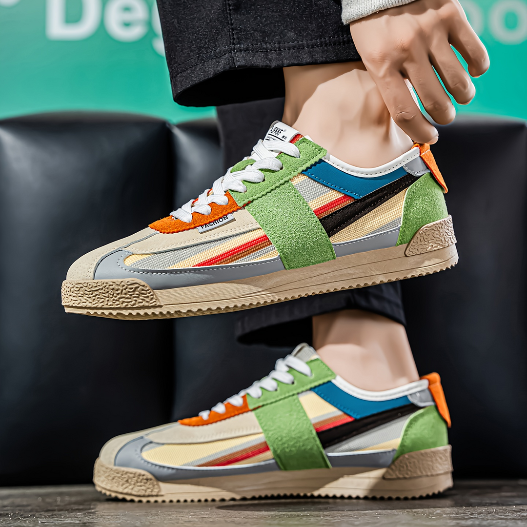 Colorful Hensen men's sneakers, '80s track style, retro athletic casual shoes.