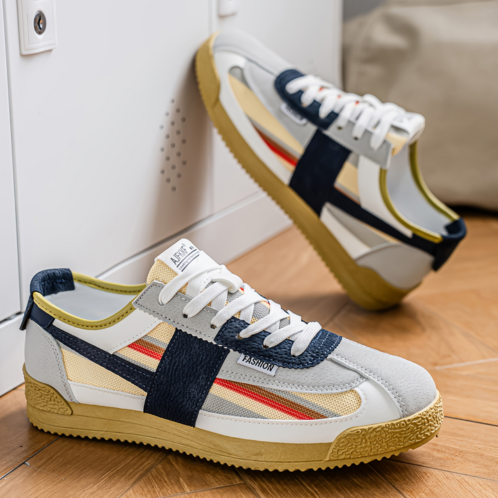 Vibrant Hensen retro men's sneakers, '80s track style footwear, ideal for streetwear.