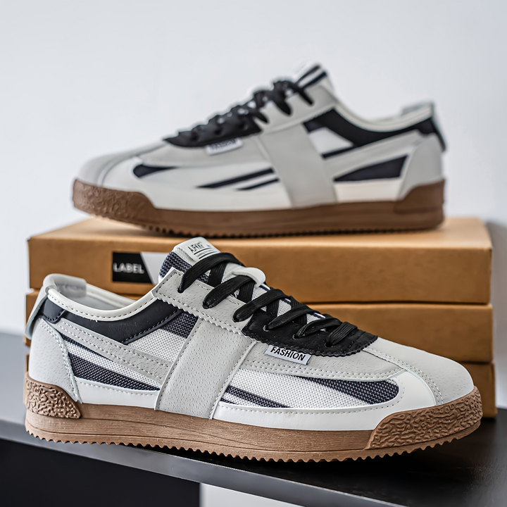 '80s fashion Hensen mens sneakers, retro track style, colorful athletic streetwear shoes.