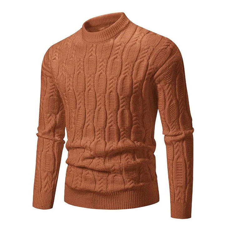 Classic men's long-sleeve cable-knit sweater, ideal for cozy winter fashion, offering timeless style.