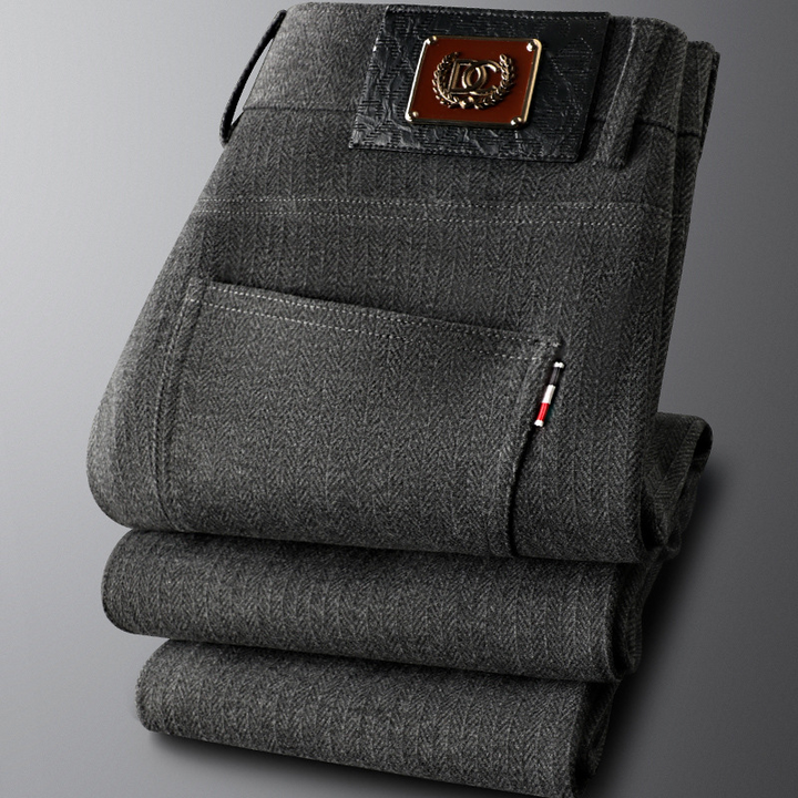Khaki herringbone classic fit men's trousers, tailored for comfort, ideal for office or smart casual.