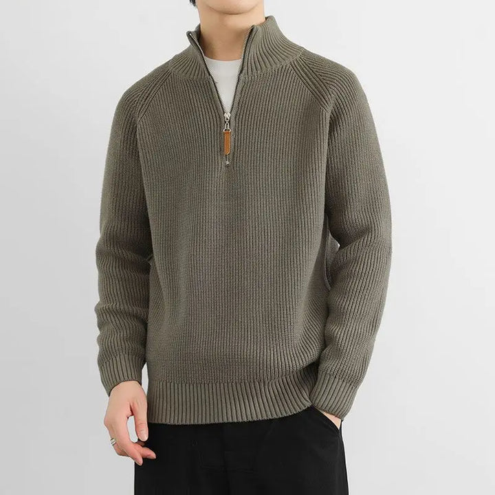 Close-up of soft ribbed knit texture on Men's Heritage Half-Zip Sweater, offering warmth & comfort for cool days.