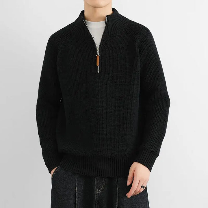 Detail of the half-zip closure on a Men's Heritage Sweater, adding a versatile touch to this warm casual pullover.