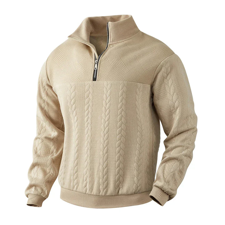 Men's heritage half-zip sweater in a classic style, perfect for smart casual fall and winter fashion.
