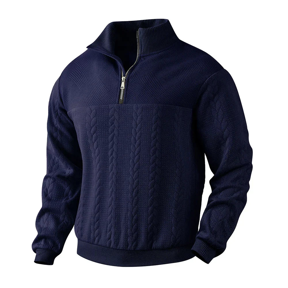 Stylish men's half-zip sweater, a classic fashion choice for smart casual outfits during fall and winter.