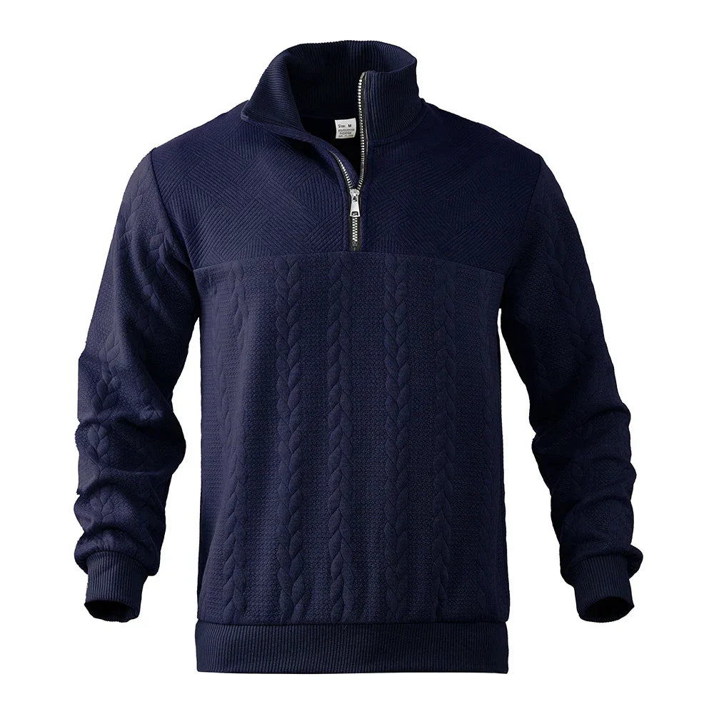 Men's half-zip sweater, a timeless layering piece for comfortable wear in fall and winter fashion.