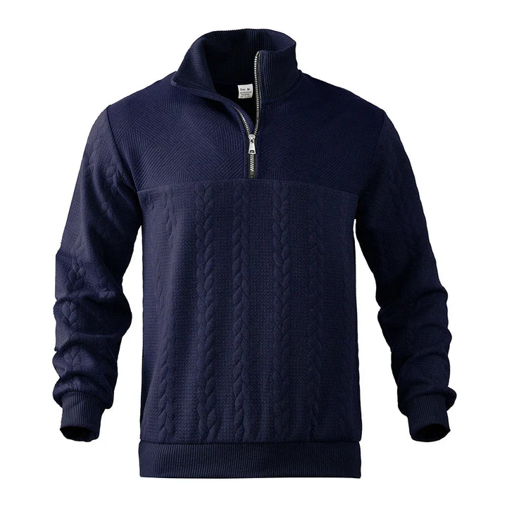 Men's half-zip sweater, a timeless layering piece for comfortable wear in fall and winter fashion.