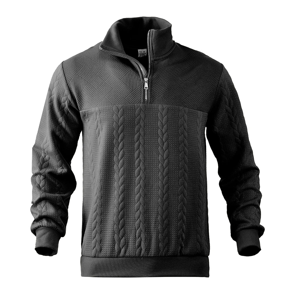 Elegant men's heritage half-zip sweater, a staple for classic winter fashion and smart casual outfits.