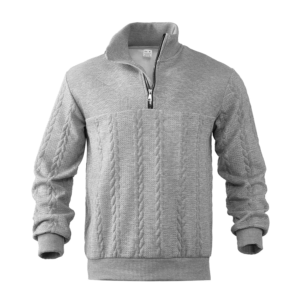 Full view of men's heritage half-zip sweater, essential for cold weather style, comfort, and layering.