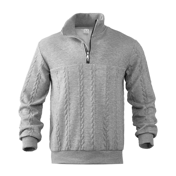 Full view of men's heritage half-zip sweater, essential for cold weather style, comfort, and layering.