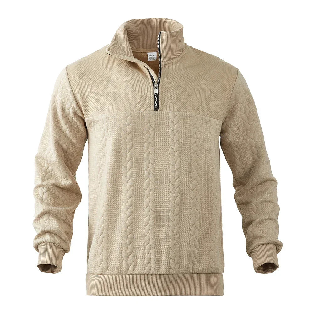 Detailed view of a men's half-zip sweater, showcasing its heritage style, classic fashion, and comfort.