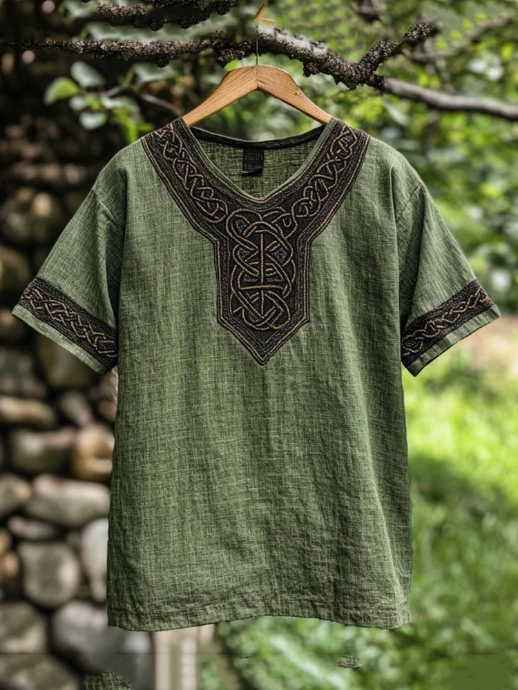 Men's heritage style Celtic embroidered shirt, long-sleeve, comfortable for casual wear. Unique traditional design.