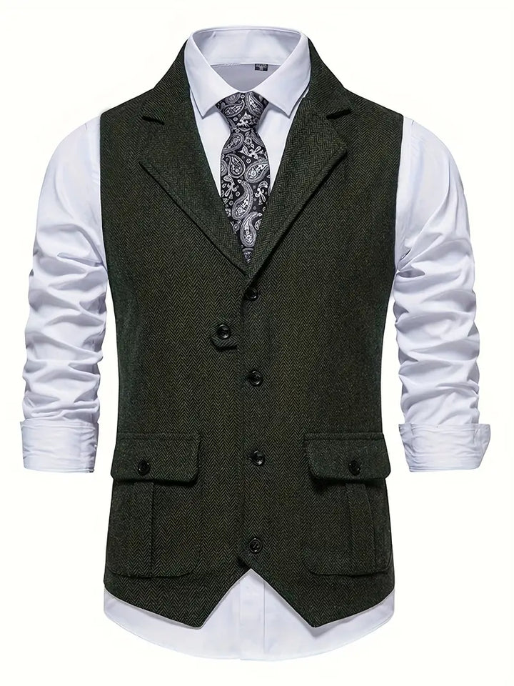 Refined men's herringbone jacket, a versatile piece for winter style and occasion wear.