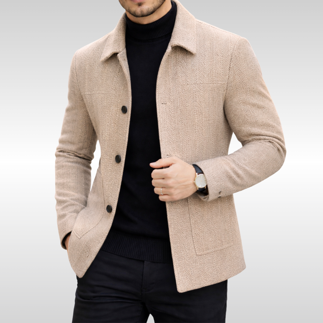 Men's herringbone knit jacket, warm & stylish full zip for fall/winter outerwear.