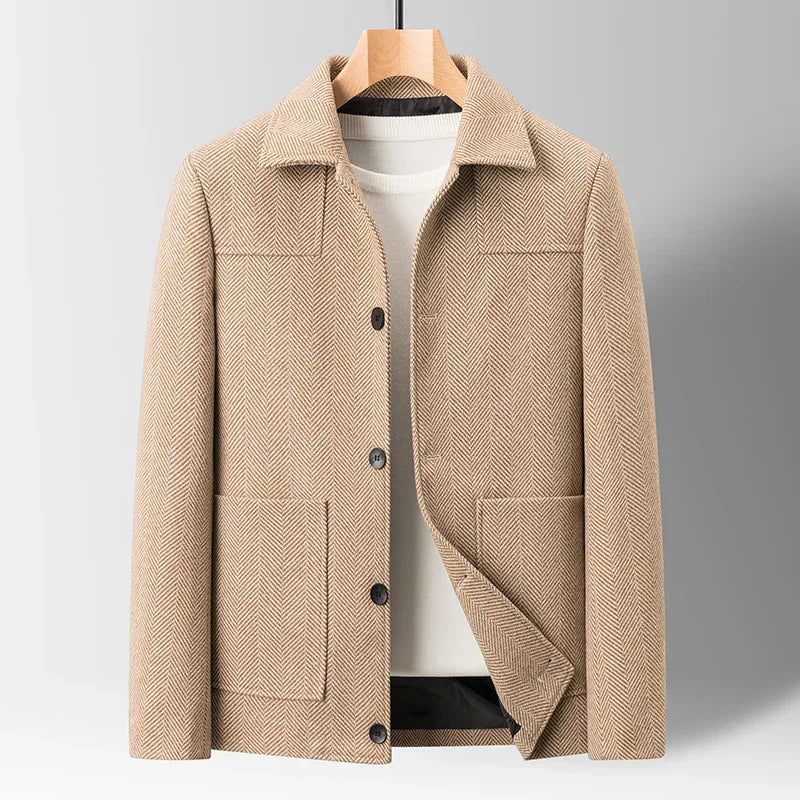 Stylish men's herringbone knit jacket, perfect for casual fall fashion & layering.