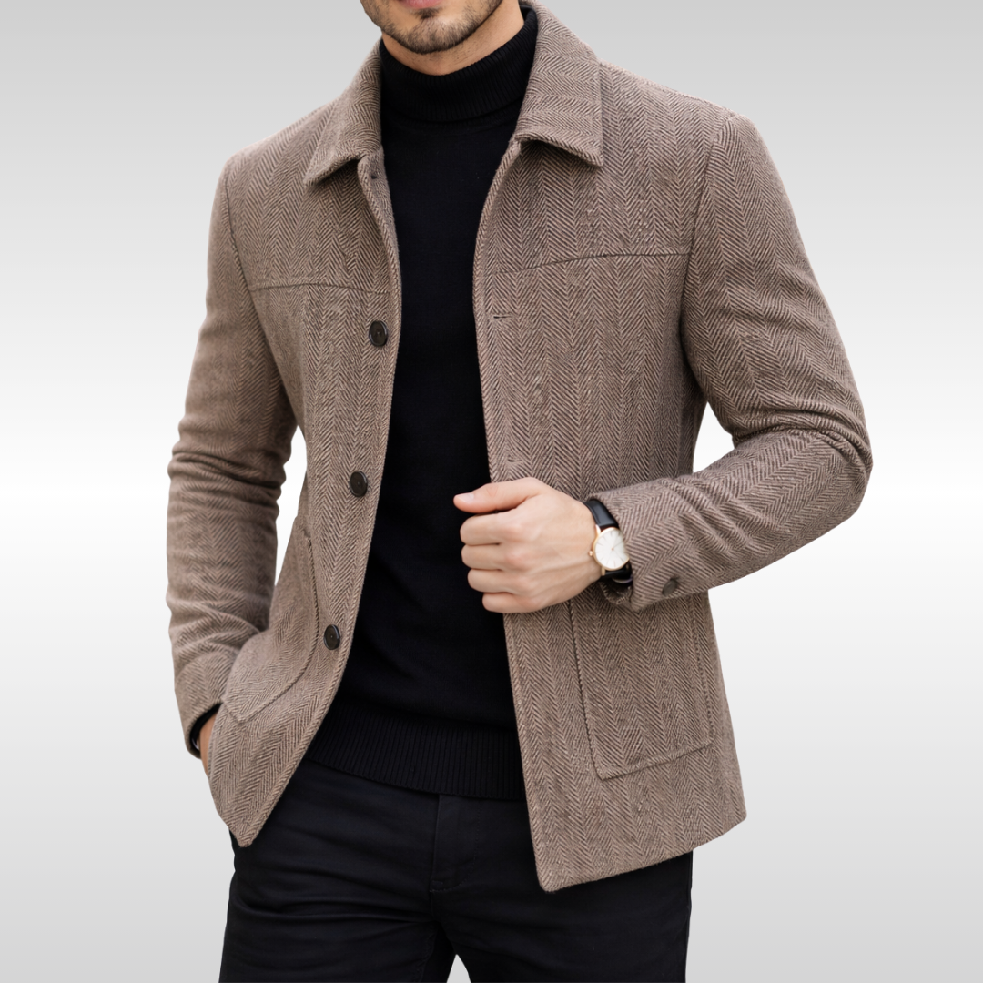Close-up of men's herringbone knit jacket showing intricate pattern & texture.