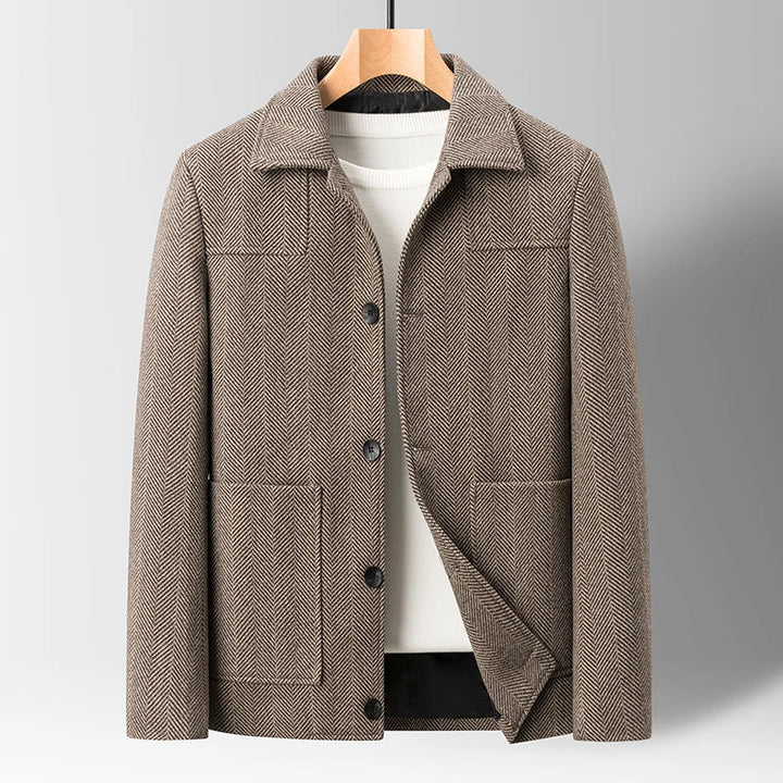 Full-zip men's herringbone knit jacket, a warm & stylish piece for winter outerwear.