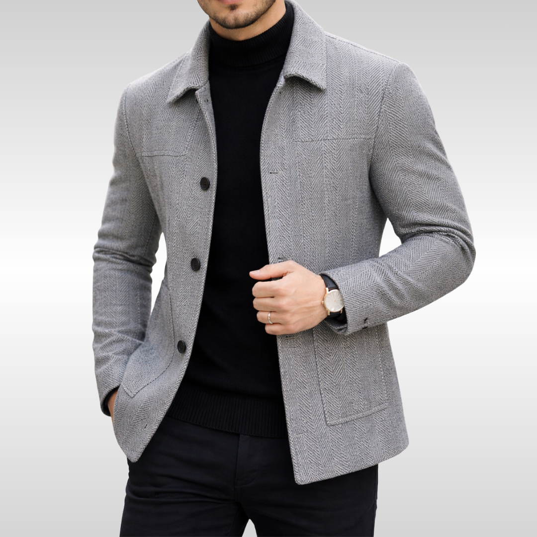 Versatile men's herringbone knit jacket, a stylish & warm layer for various fall/winter outfits.