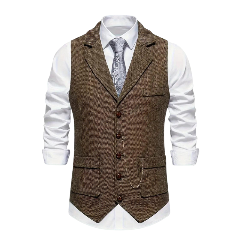 Men's herringbone waistcoat, classic style, formal or smart casual layering piece.