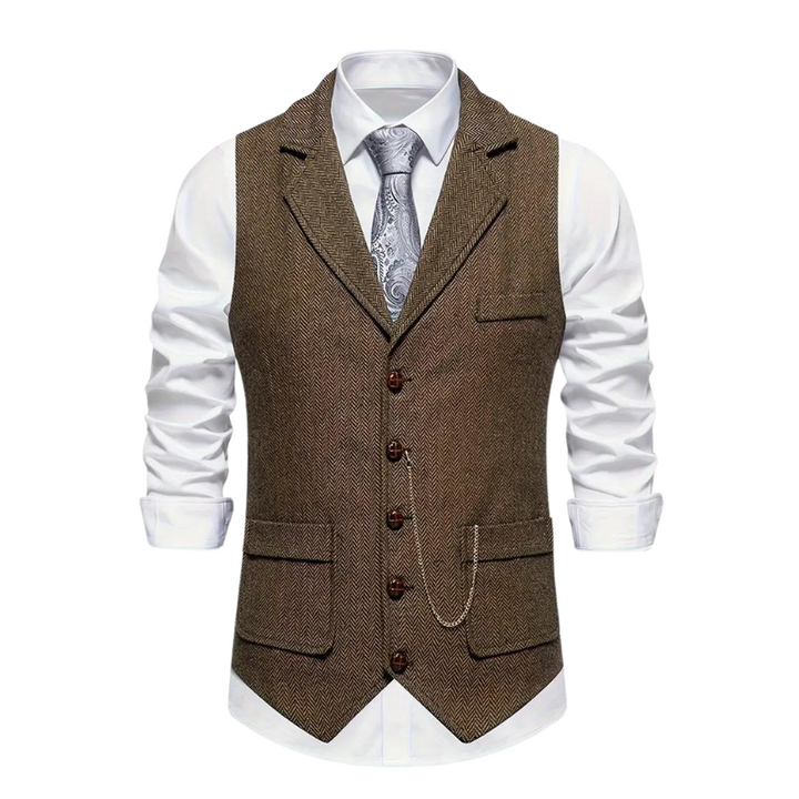 Men's herringbone waistcoat, classic style, formal or smart casual layering piece.
