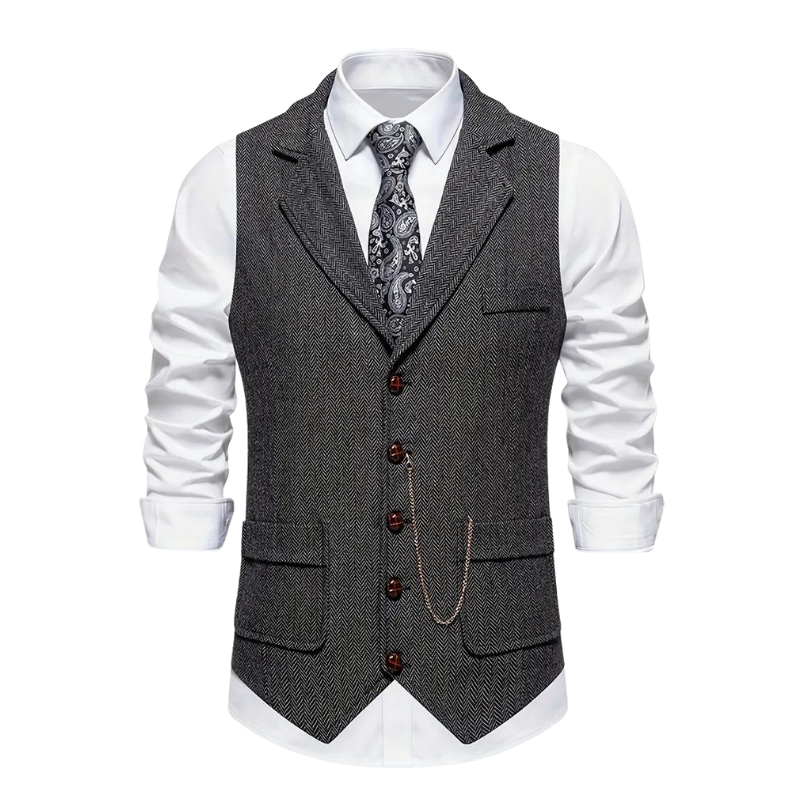 Elegant men's dress vest with a timeless herringbone pattern, versatile for year-round fashion.