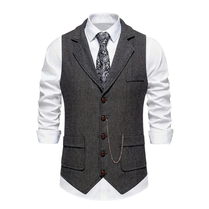 Elegant men's dress vest with a timeless herringbone pattern, versatile for year-round fashion.
