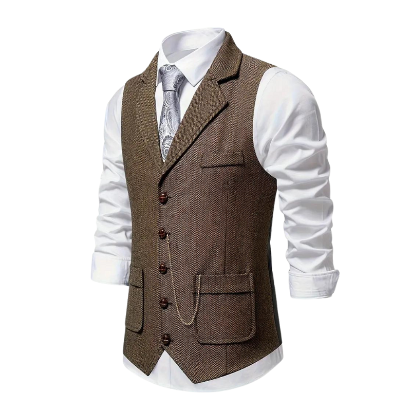 Versatile men's fashion: herringbone waistcoat for smart casual outfits and formal layering.