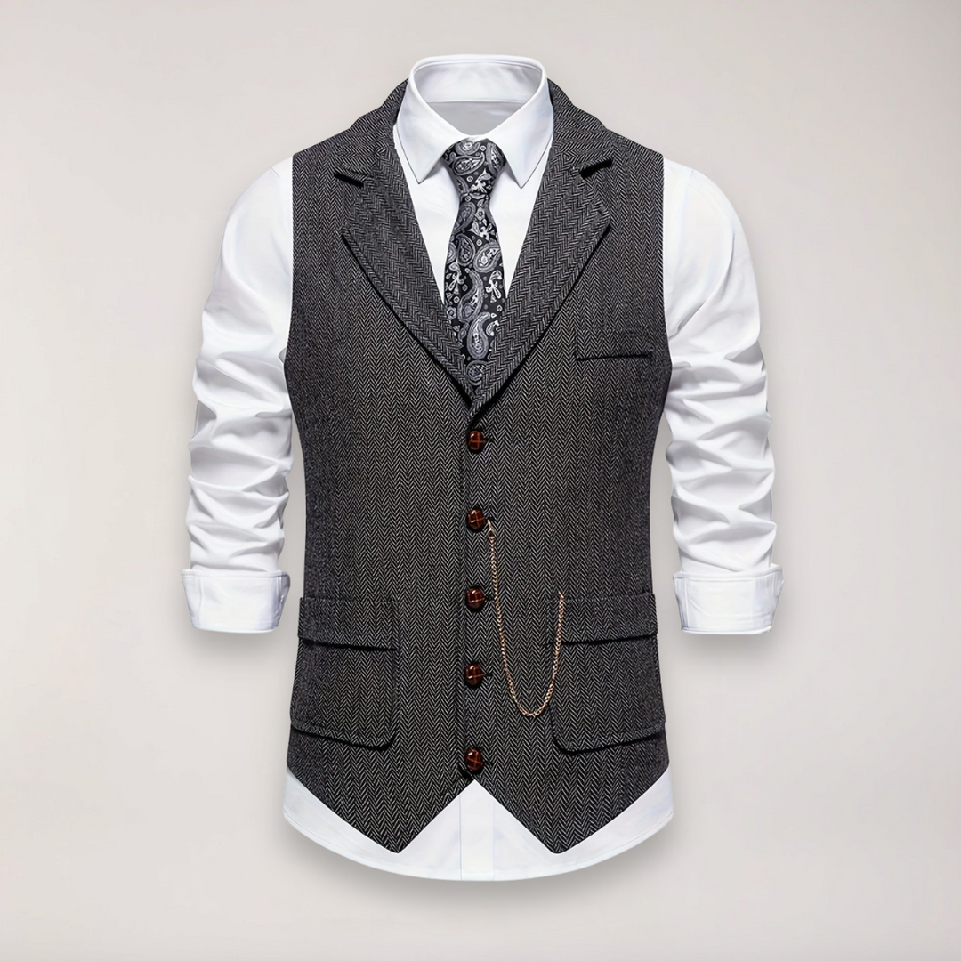 Men's herringbone waistcoat with stylish reversed collar, classic fit, ideal for formal wear & wedding attire.