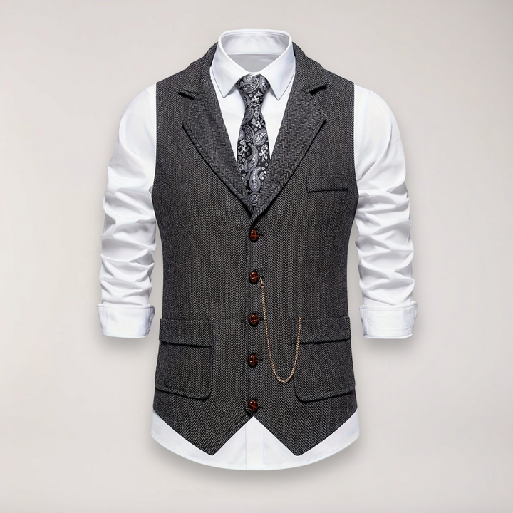 Men's herringbone waistcoat with stylish reversed collar, classic fit, ideal for formal wear & wedding attire.