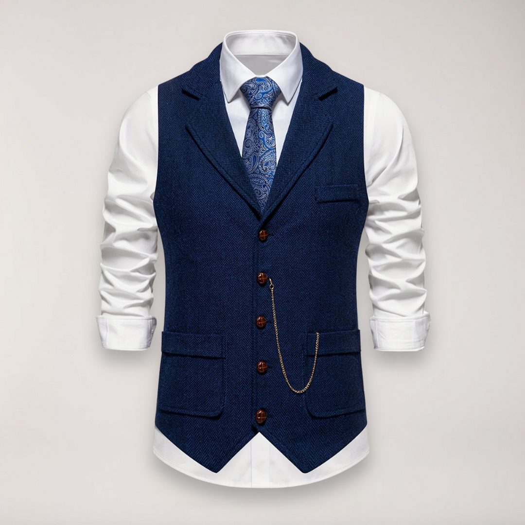 Sophisticated men's herringbone waistcoat, perfect for versatile layering in business casual or formal mens fashion.
