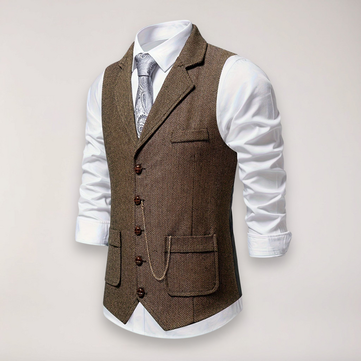 Men's formal herringbone waistcoat with reversed collar, perfect for wedding attire, business casual, or events.
