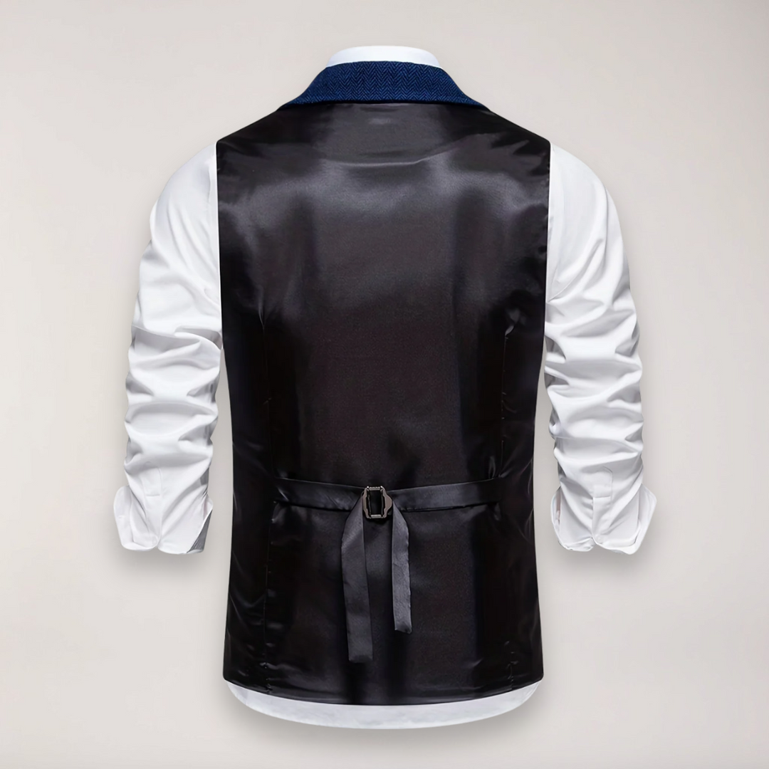Elegant men's herringbone vest, a sophisticated dress waistcoat with a stylish reversed collar for formal occasions.